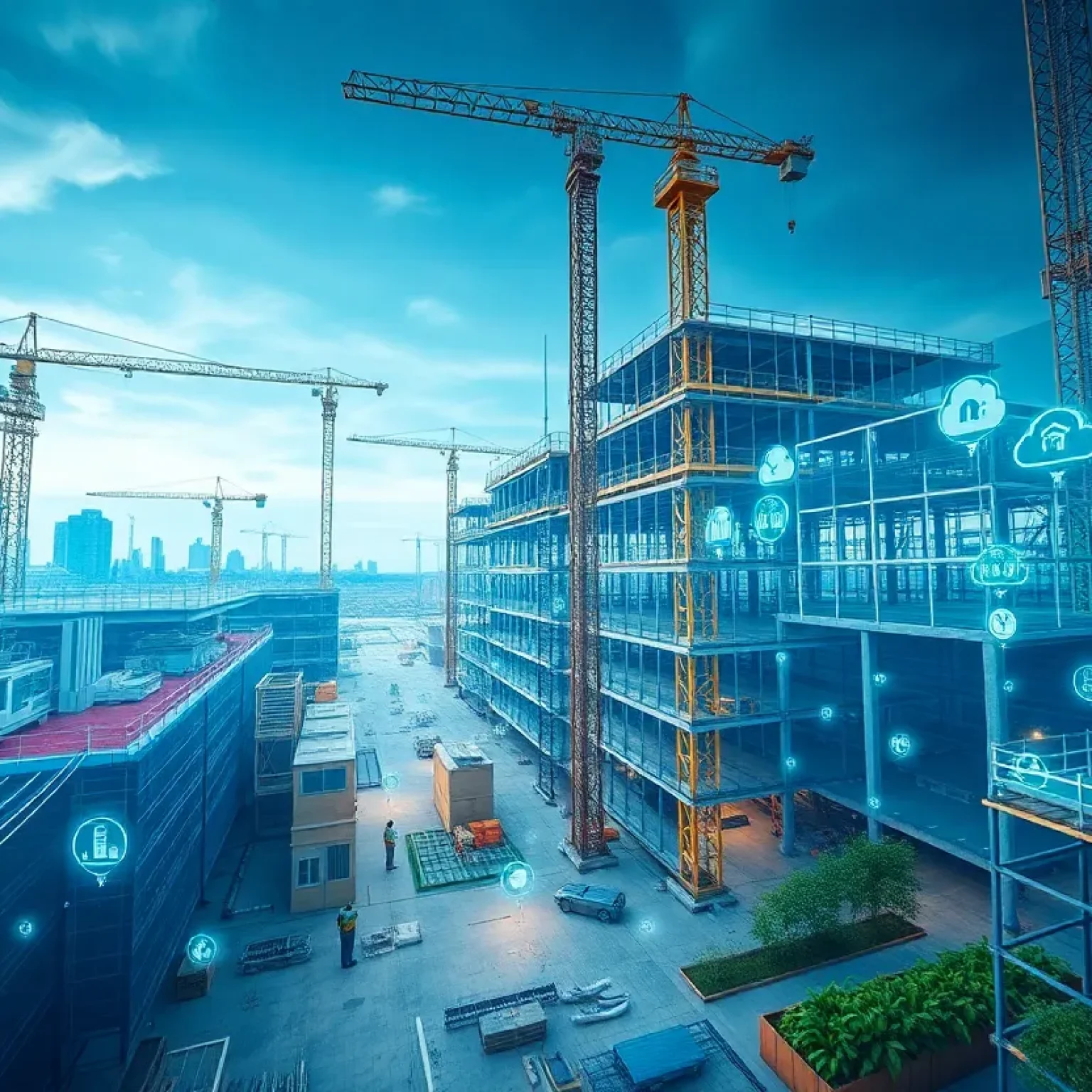 Construction site with 3D Building Information Modeling overlays showing architectural and MEP layers