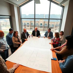 Community meeting and construction site illustrating affordable housing fund launch