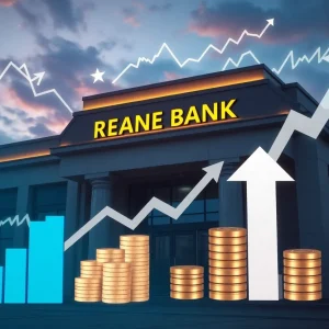 Regional bank building with financial charts, dividend documents, and coins representing dividend and share buybacks