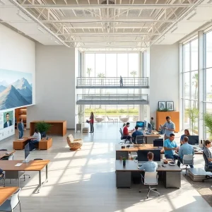 Modern open-plan office interior with collaborative spaces and outdoor bridge at an Irvine office complex