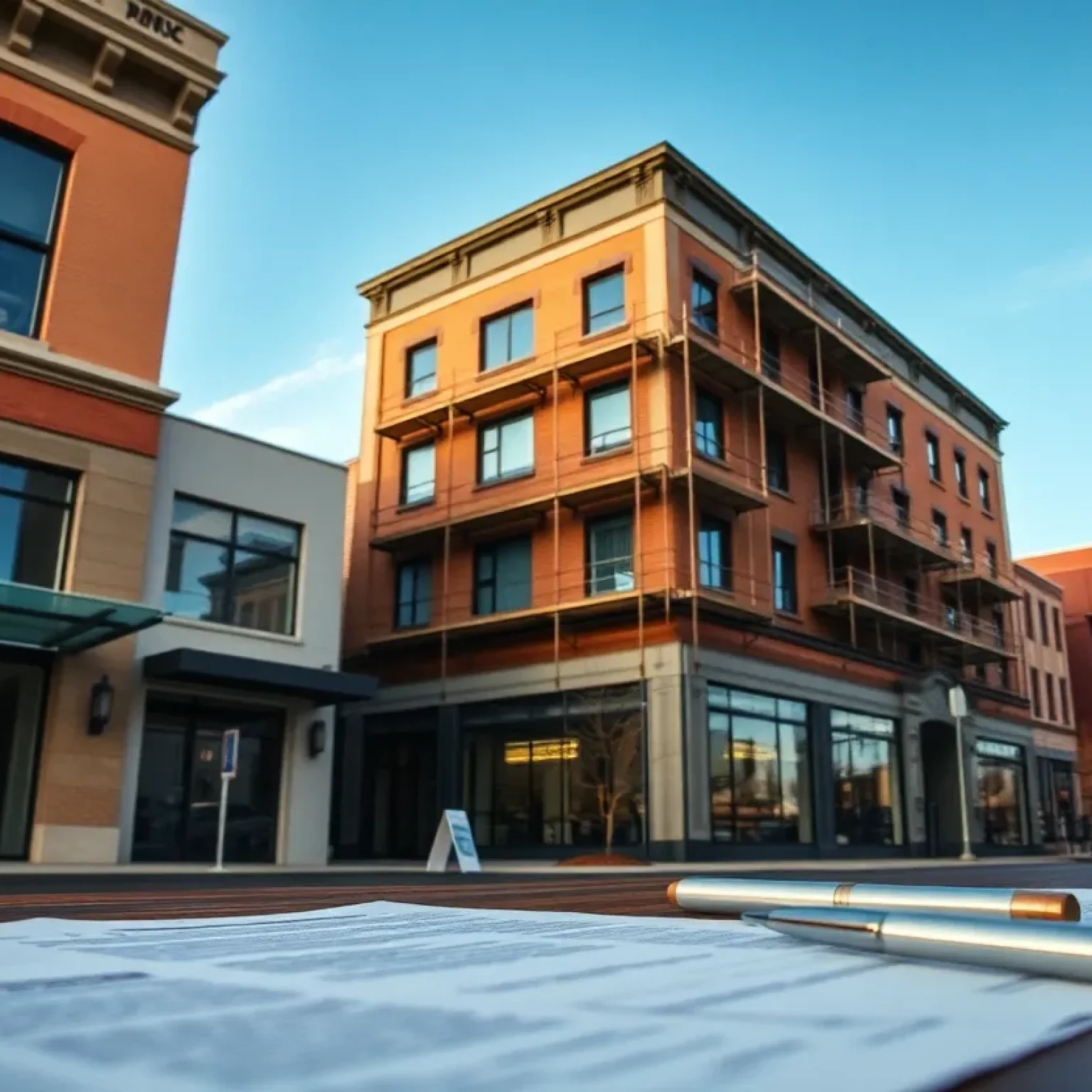 Colorado commercial buildings under renovation with financial documents in the foreground