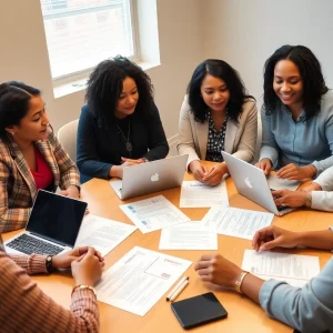 Group of diverse individuals discussing funding opportunities.