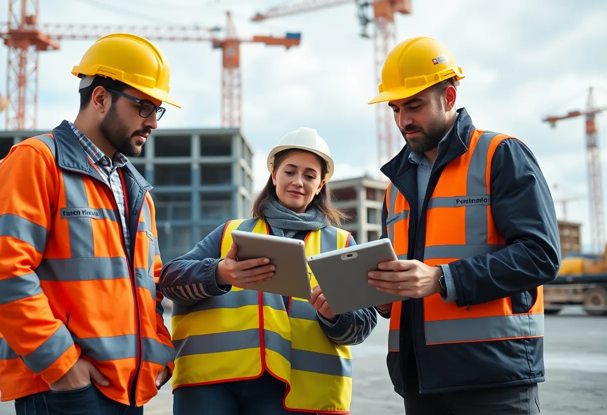 Construction workers using software on site to enhance productivity