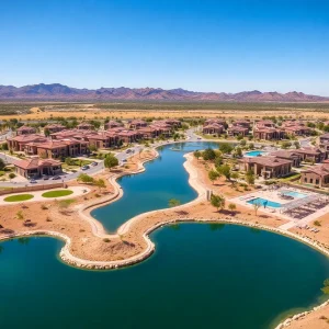 Overview of Cotino Community with lagoon and homes