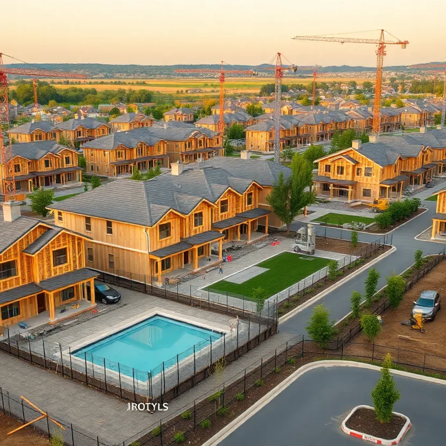 Construction site of low-rise Cottage Green build-to-rent homes with cranes, framing, greenspace and future pool area