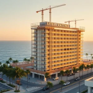 Construction of The Dunes Fort Lauderdale 16-story oceanfront hotel with cranes and scaffolding