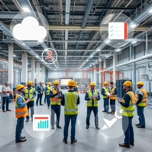 Construction site interior with MEP systems and project teams using tablets showing cloud dashboards for operational readiness tracking.