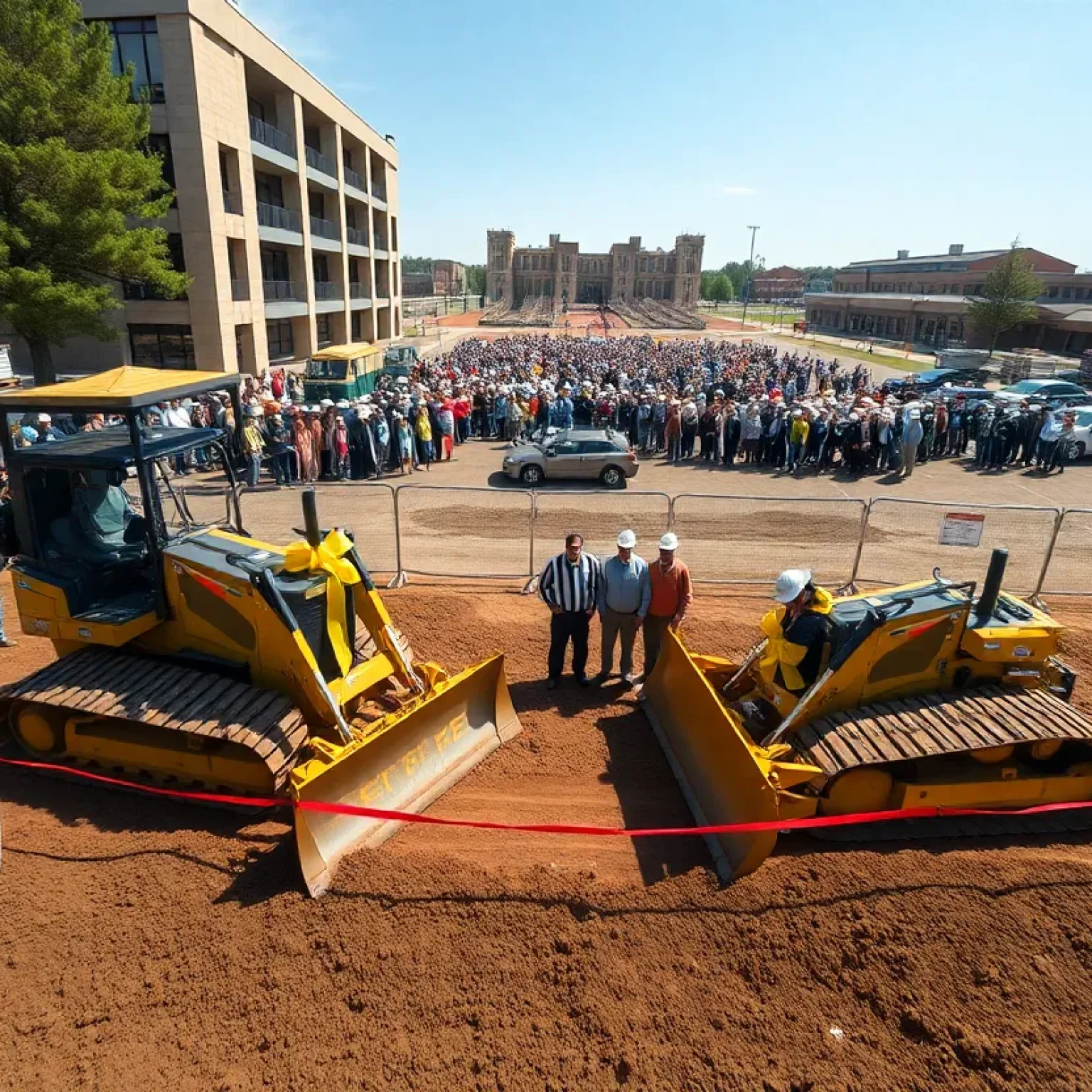Bulldozers and crowd at a groundbreaking for a 72,000 sq ft fieldhouse near campus with fencing and construction materials staged