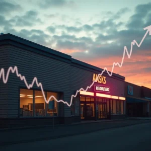 Regional Alaskan bank exterior with a rising stock chart overlay and a low-volume indicator