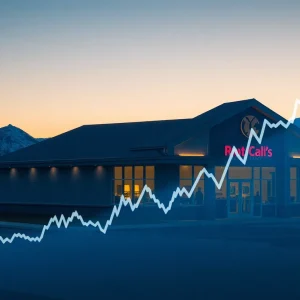 Alaskan bank building with upward trending stock chart overlay indicating rising shares