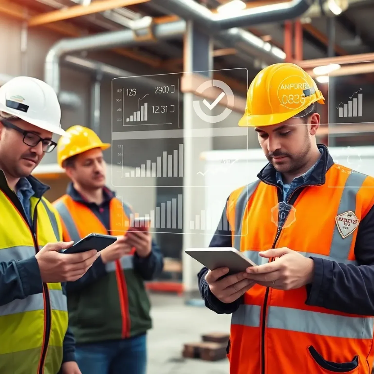 Construction workers using tablets for mobile time tracking with a dashboard overlay showing hours and productivity