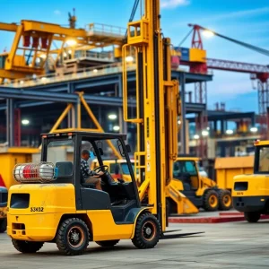 A variety of equipment used in manufacturing and construction, including forklifts and drilling machines.