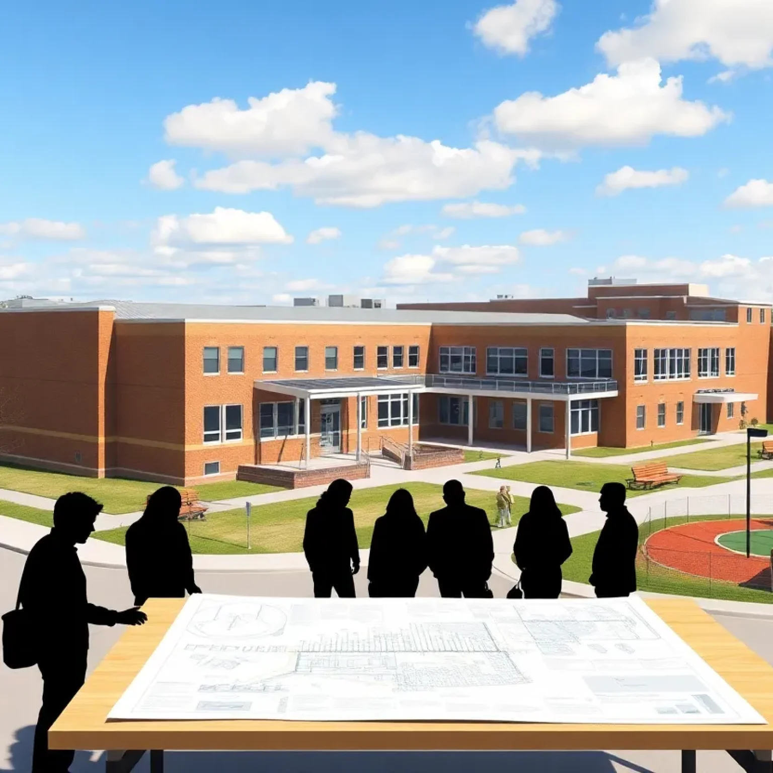 Rendering of proposed elementary wing attached to middle school showing revised courtyard and improved drop-off area