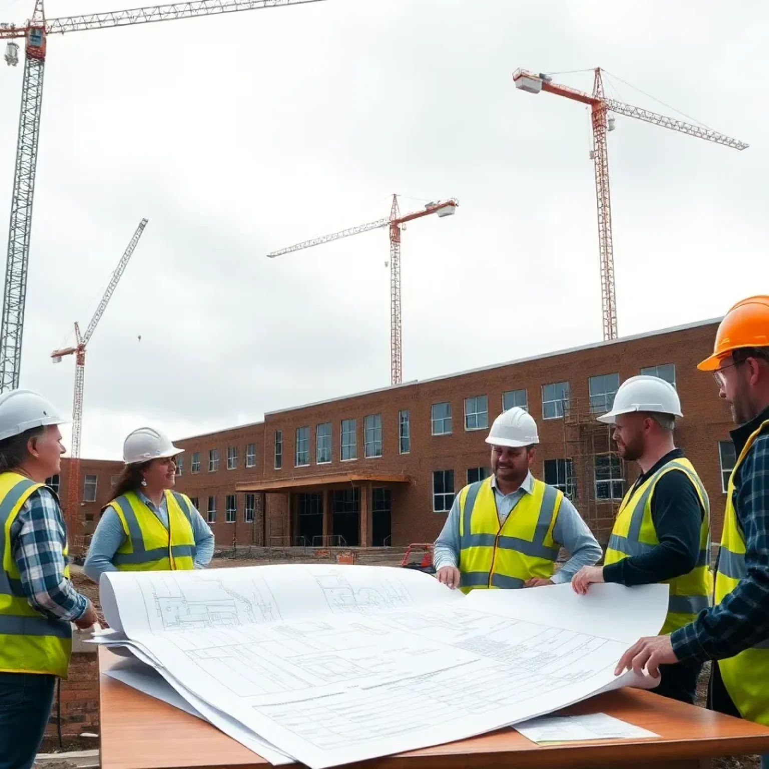 Construction site of Morris Community High School addition with architects reviewing plans