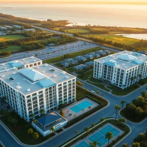 Aerial view of two modern apartment complexes under construction near a golf course and regional park in Naples, Florida, with pools and landscaped grounds.