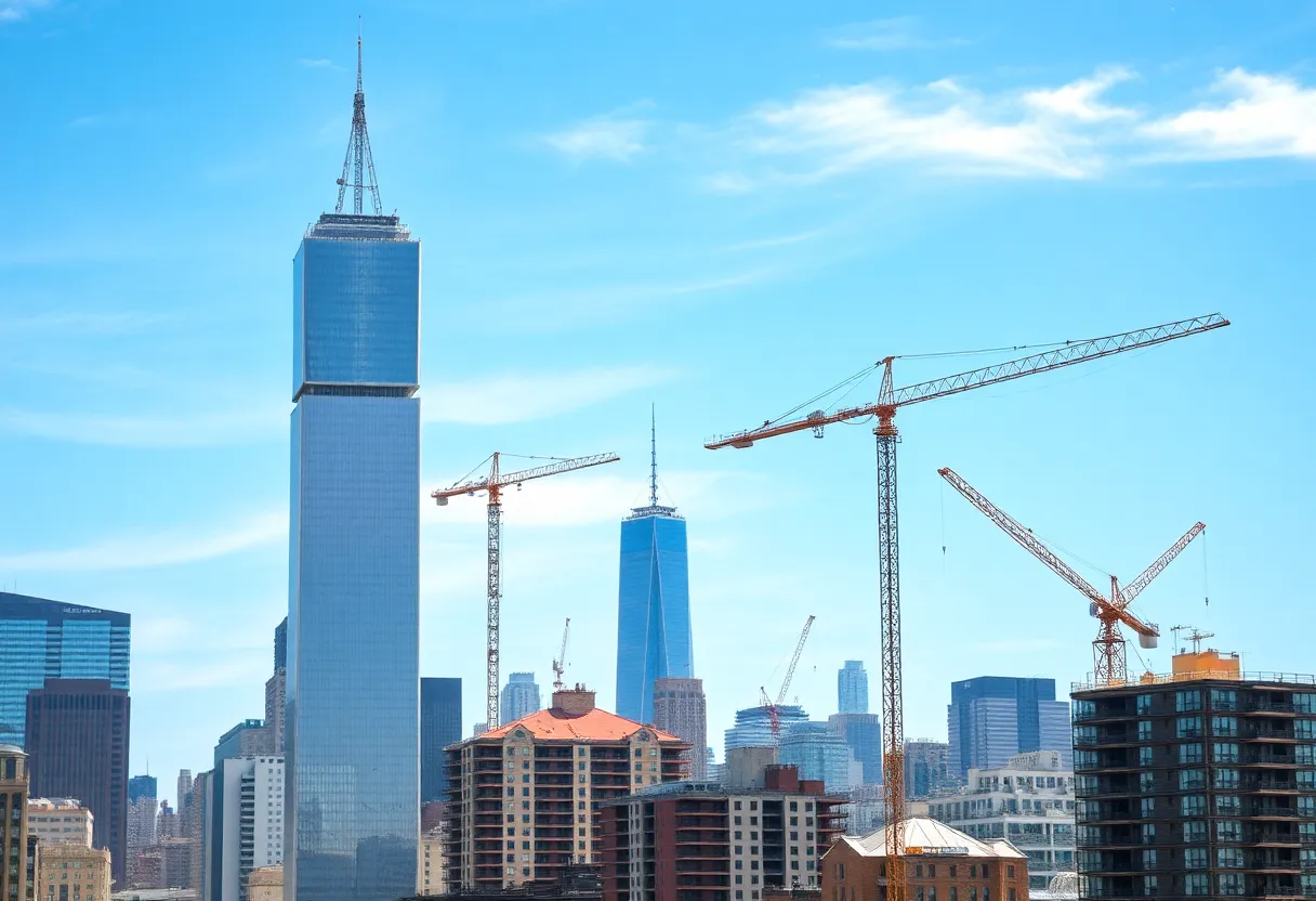 A skyline of new apartment buildings under construction in New York City.