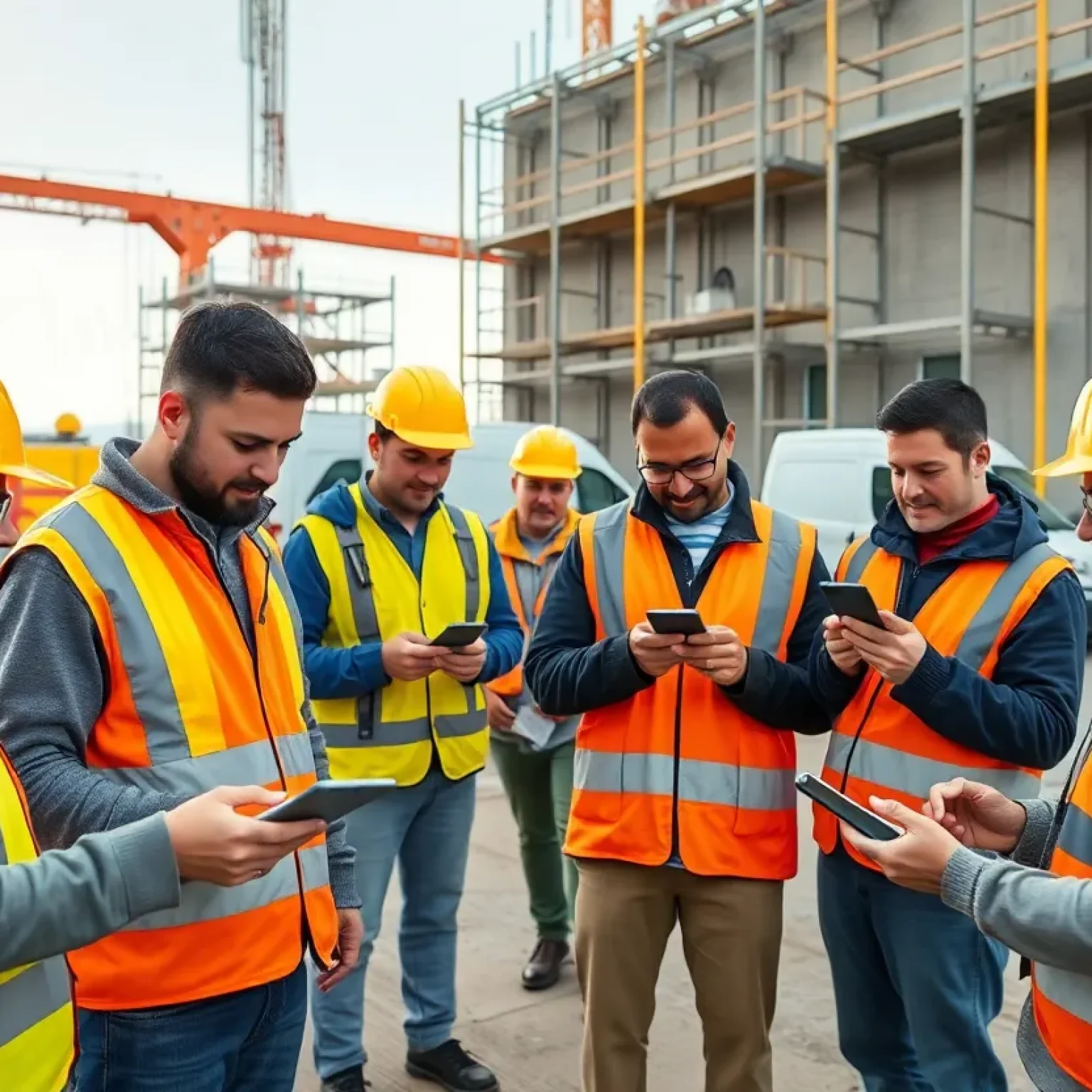 Tradespeople on a construction site using mobile devices with voice-enabled construction software and AI overlays