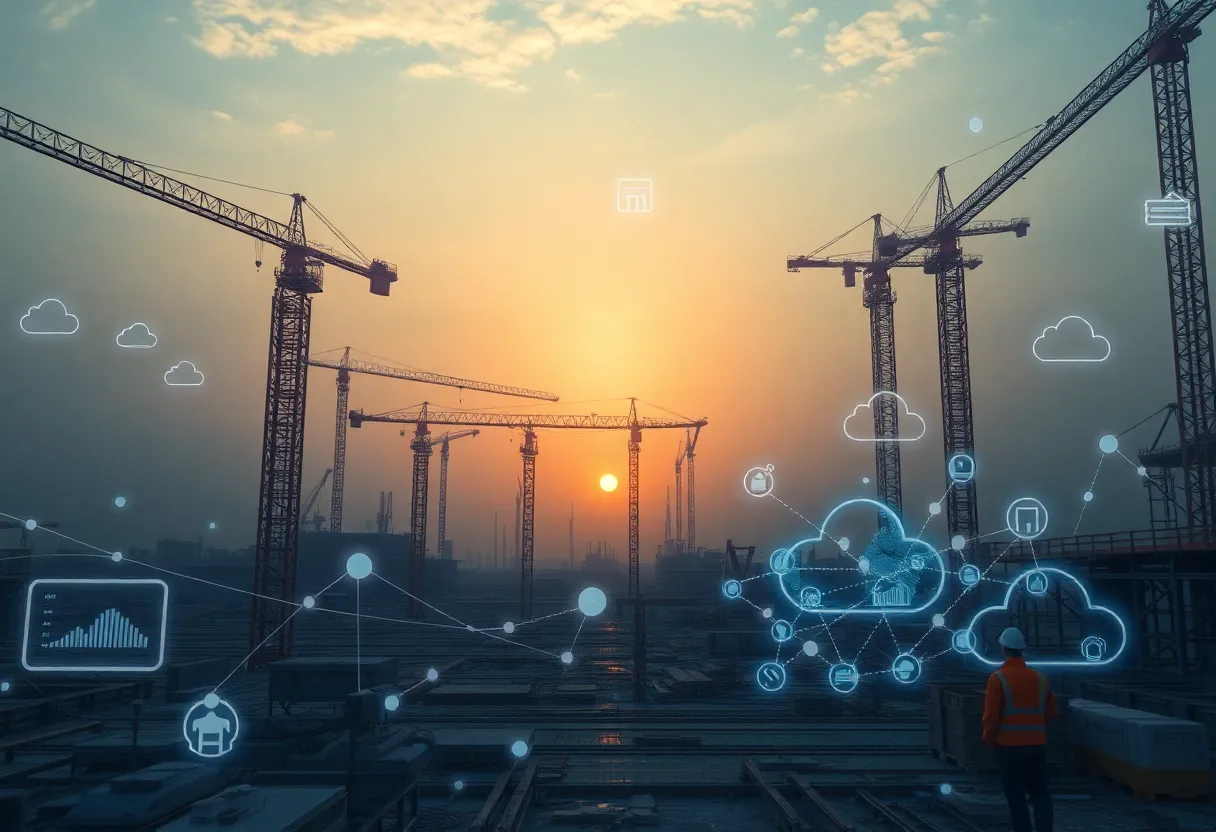 Construction site with digital overlays, cloud icons and AI data streams representing Procore and AWS collaboration