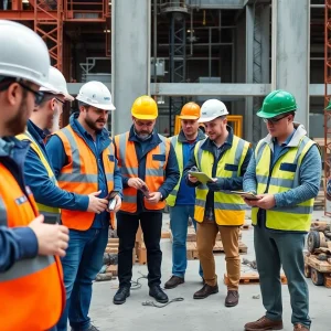 Construction workers demonstrating real-time verification processes on-site.