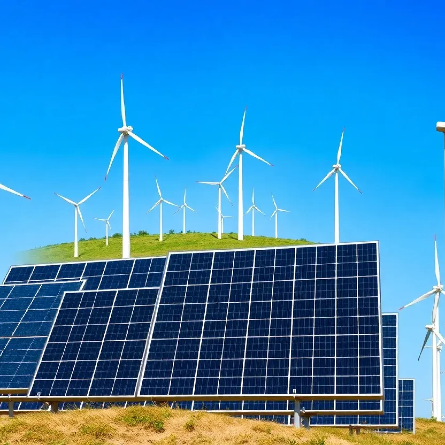 A visual representation of wind turbines and solar panels, symbolizing the push for renewable energy projects across the U.S.