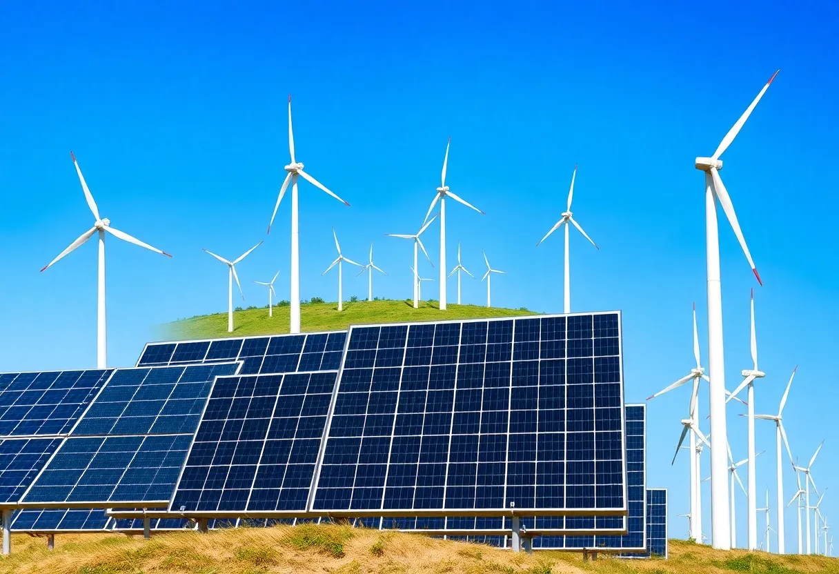 A visual representation of wind turbines and solar panels, symbolizing the push for renewable energy projects across the U.S.