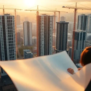 Apartment buildings and construction cranes representing institutional lending and apartment loans expansion