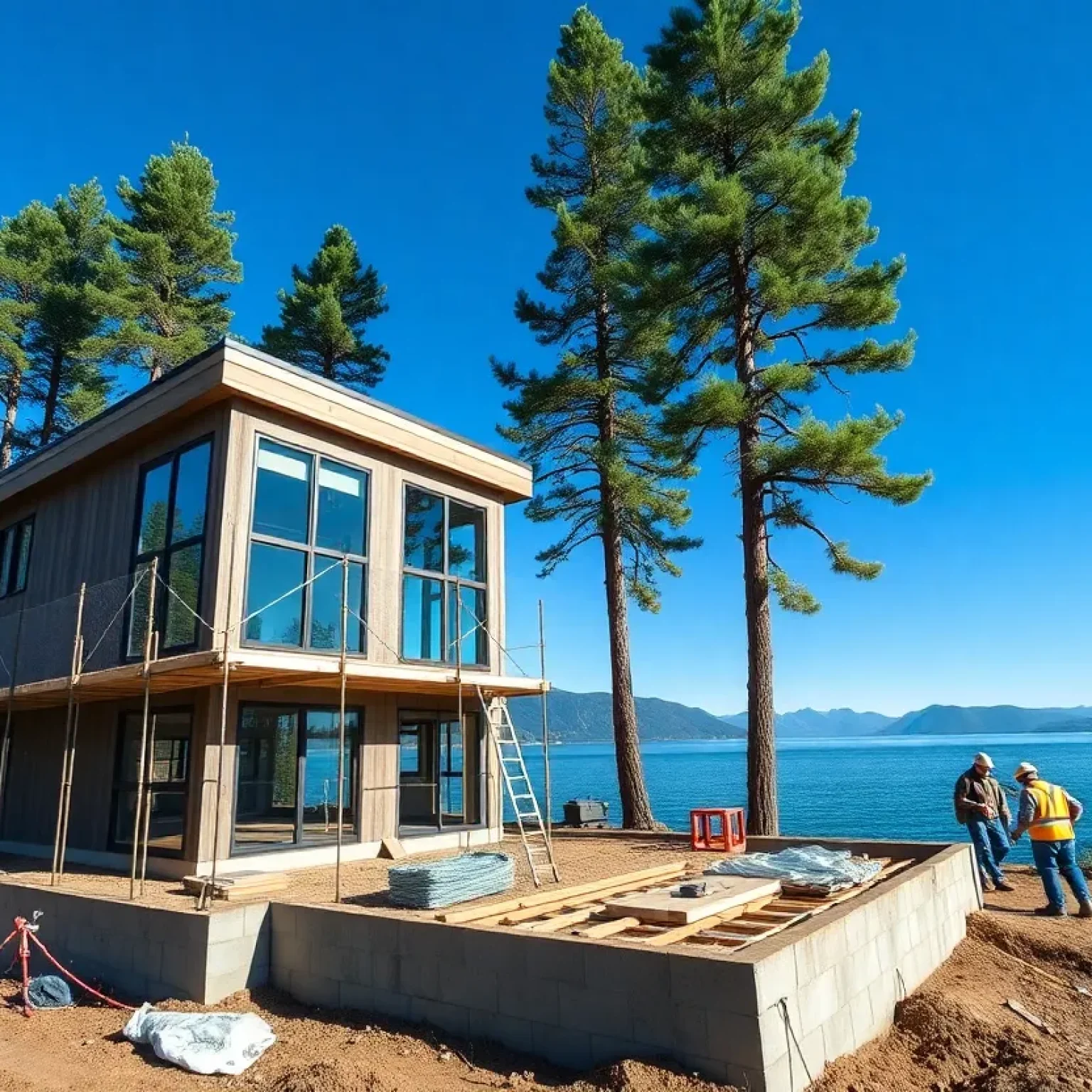 Construction site for 14 townhomes near Lake Tahoe Boulevard with scaffolding and mountain lake in the background