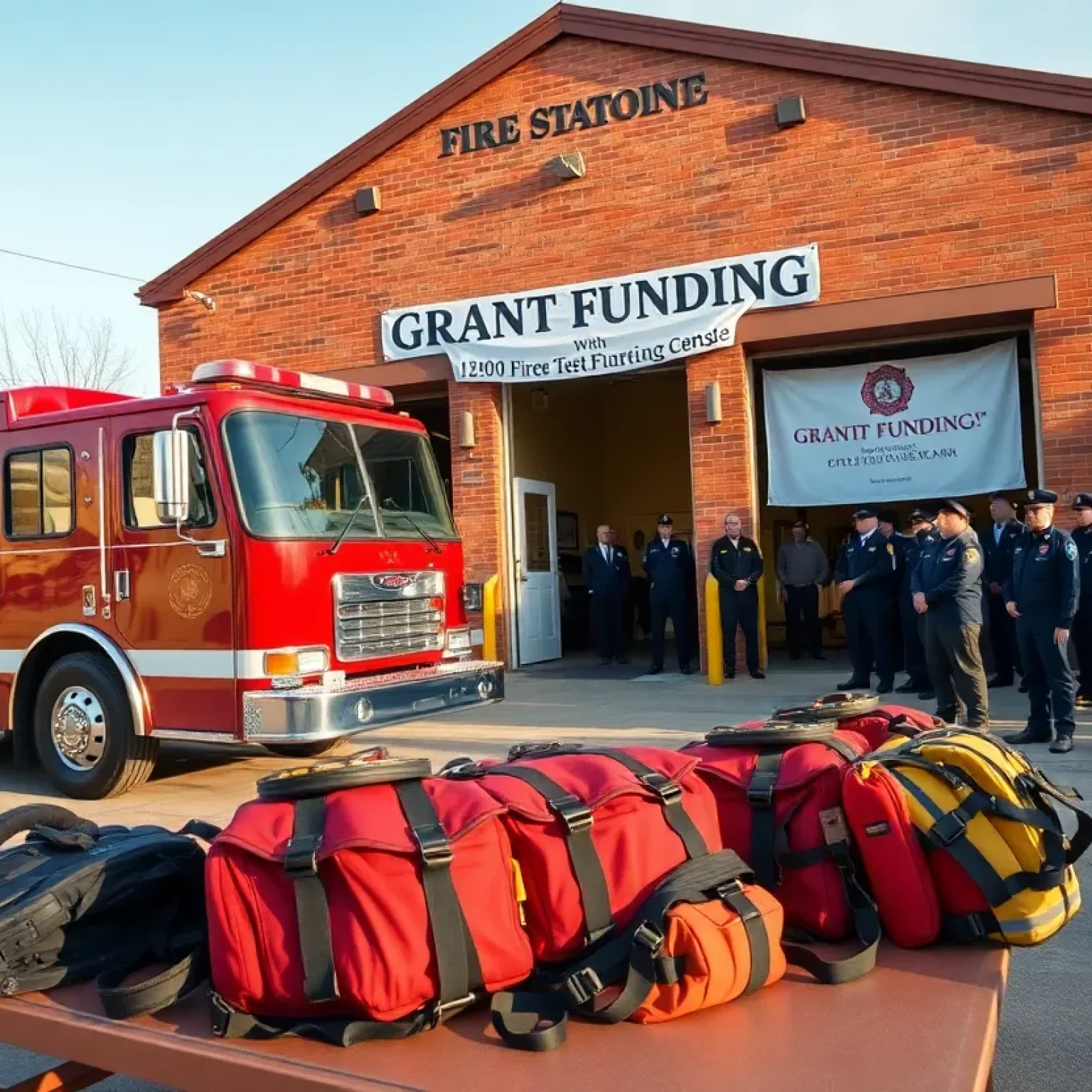 Small-town fire station with red fire engine, new equipment and grant presentation banner
