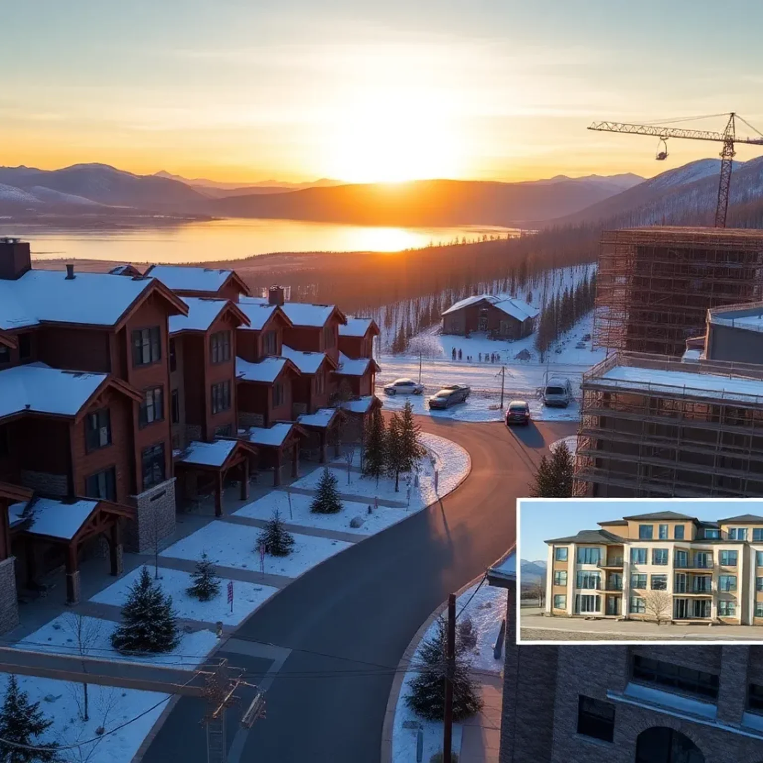 Alpine townhomes near a ski resort with nearby construction and urban townhome renderings