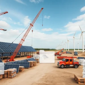 Solar and wind construction site with cranes, equipment deliveries and a financial overlay representing bridge financing