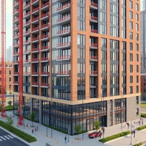 Rendering of a mid-rise apartment building under construction on a former parking lot in Fairfax with cranes and nearby office buildings