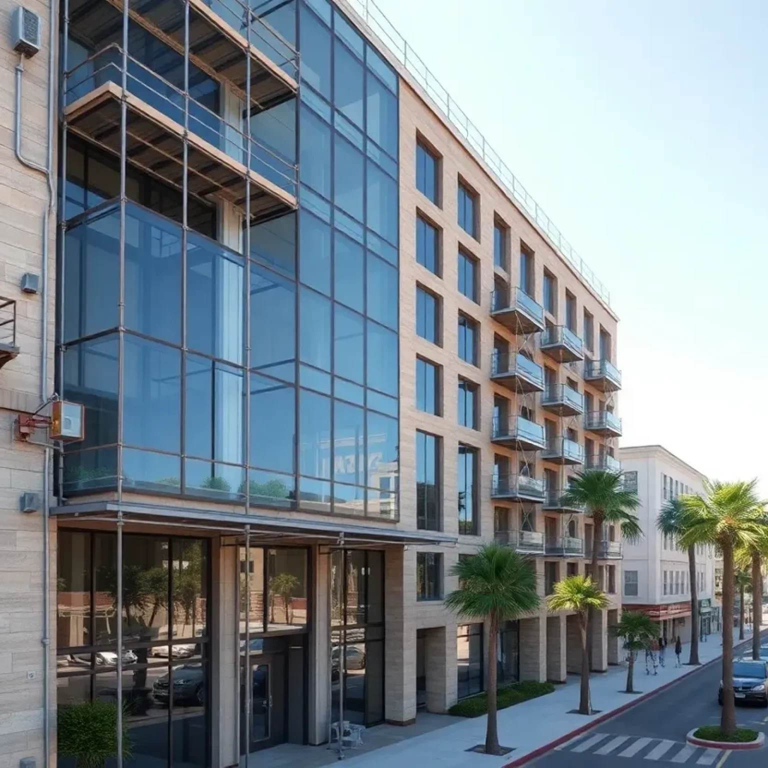 Courtyard-style mid-rise building under renovation in downtown Santa Monica with scaffolding and construction equipment.