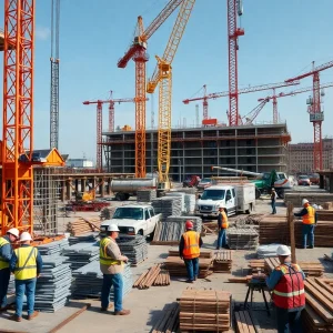 Construction workers at a busy construction site in the U.S.