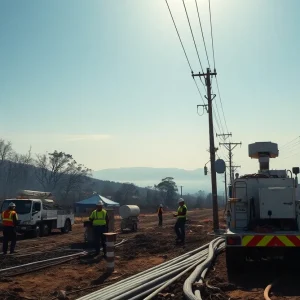Utility crews restoring power lines and installing underground conduit in a fire-damaged California landscape