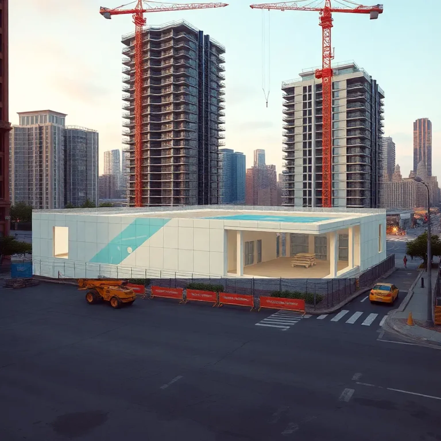 Rendering of proposed 54-unit mid-rise apartment building at 1506 Van Ness Ave with rooftop pool and construction site in foreground