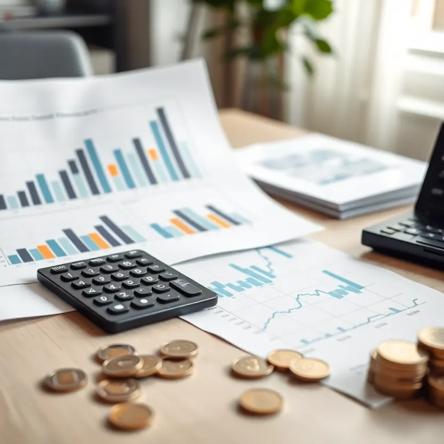 Financial reports and charts showing rising profits and lending on a desk with euro coins and a calculator
