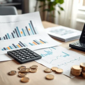 Financial reports and charts showing rising profits and lending on a desk with euro coins and a calculator