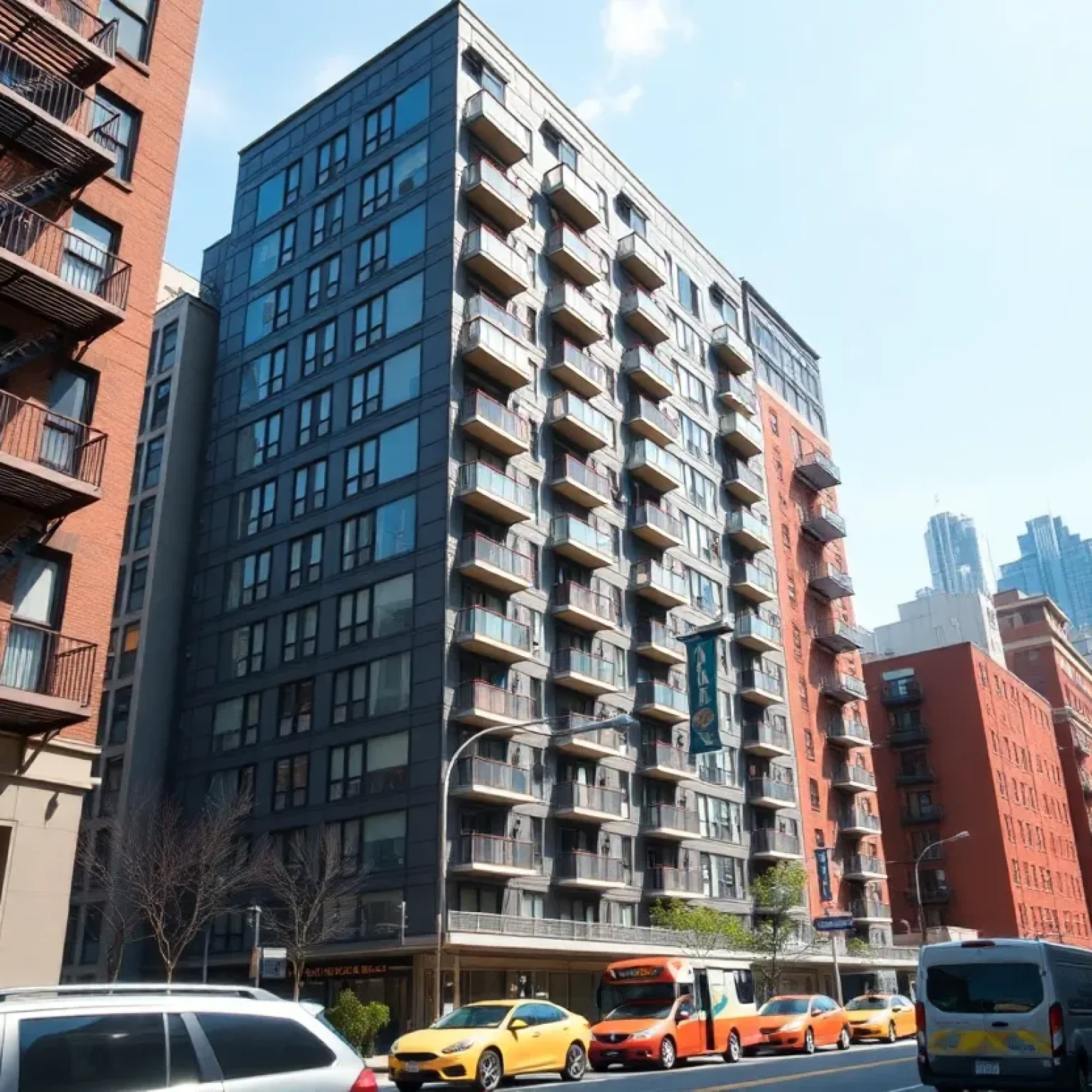 An urban development showcasing a modern 99-unit building in New York City.