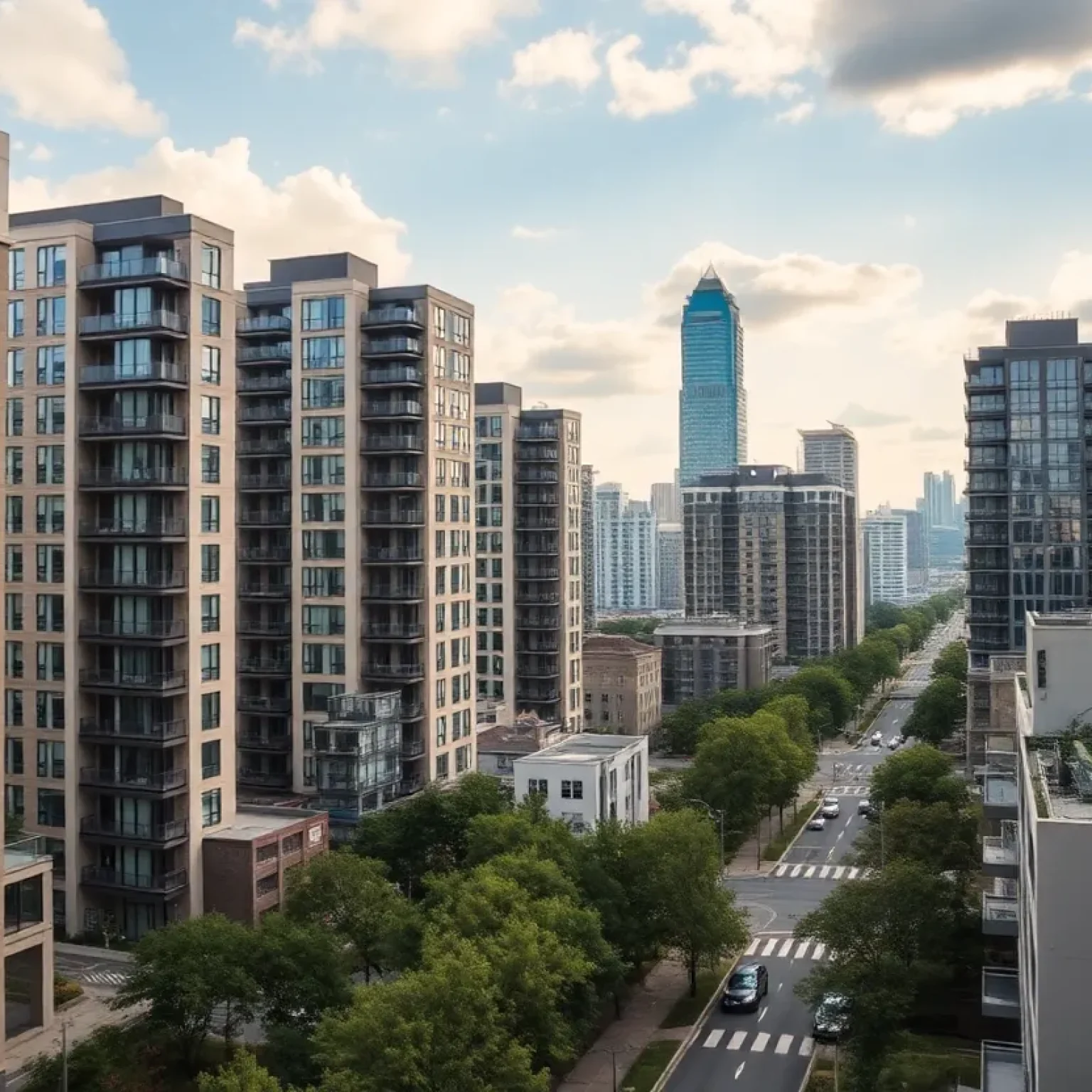 Newly constructed apartments in Atlanta against a city skyline