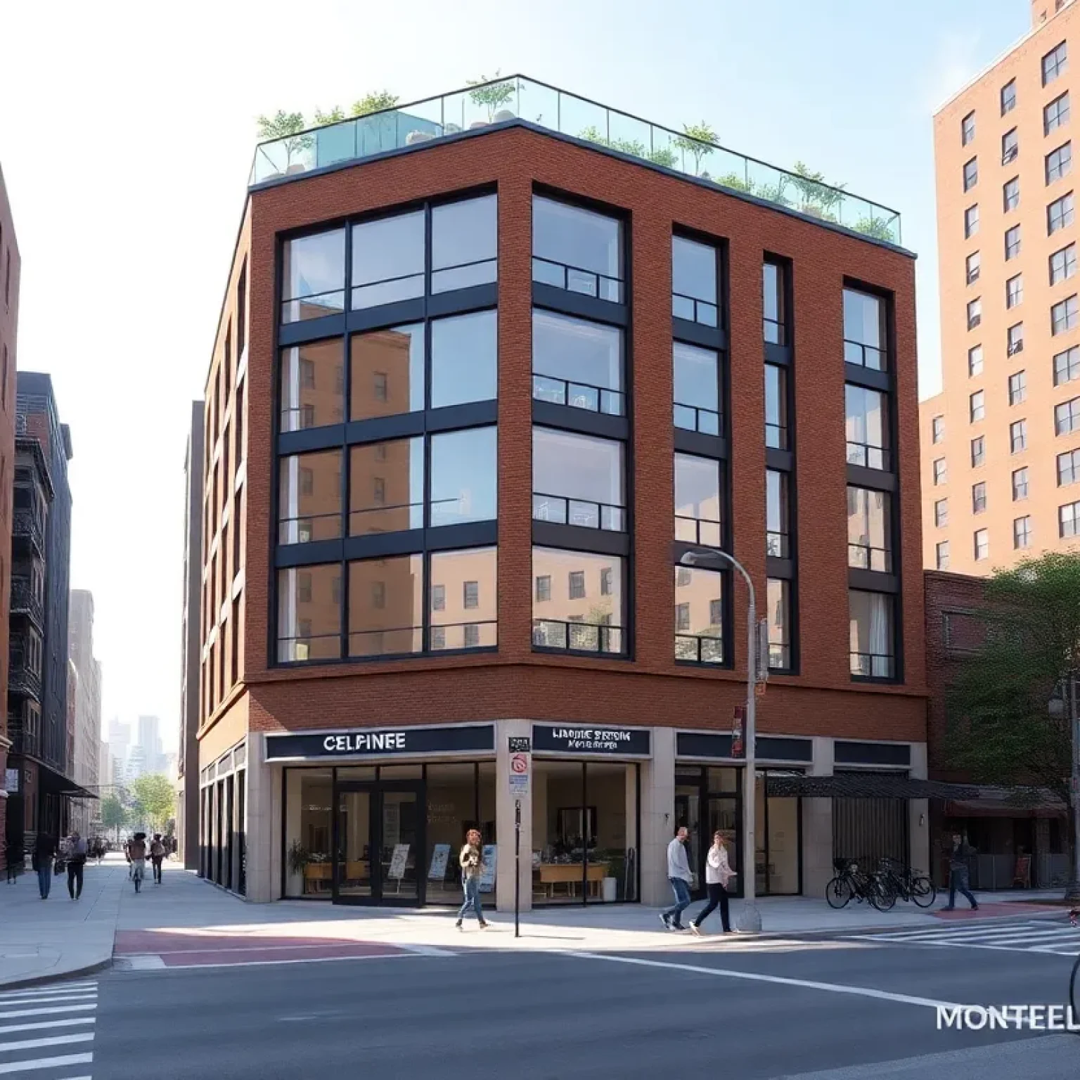Rendering of six-story mixed-use building at 37-20 Crescent St with ground-floor retail and rooftop amenities