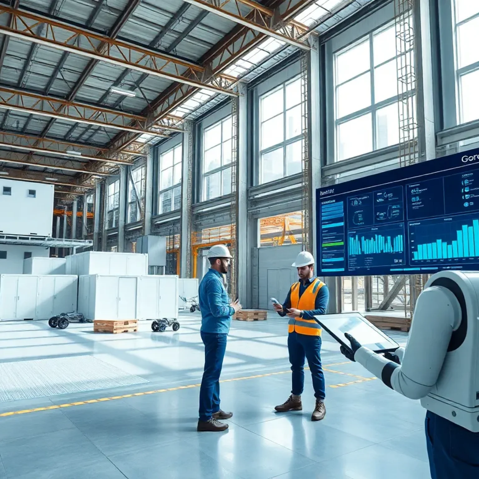 Autonomous construction robots assembling modular building components while engineers review digital schedules on tablets