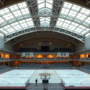 Interior rendering of scaled-back multiuse arena inside Merle Hay Mall with removable ice and volleyball courts