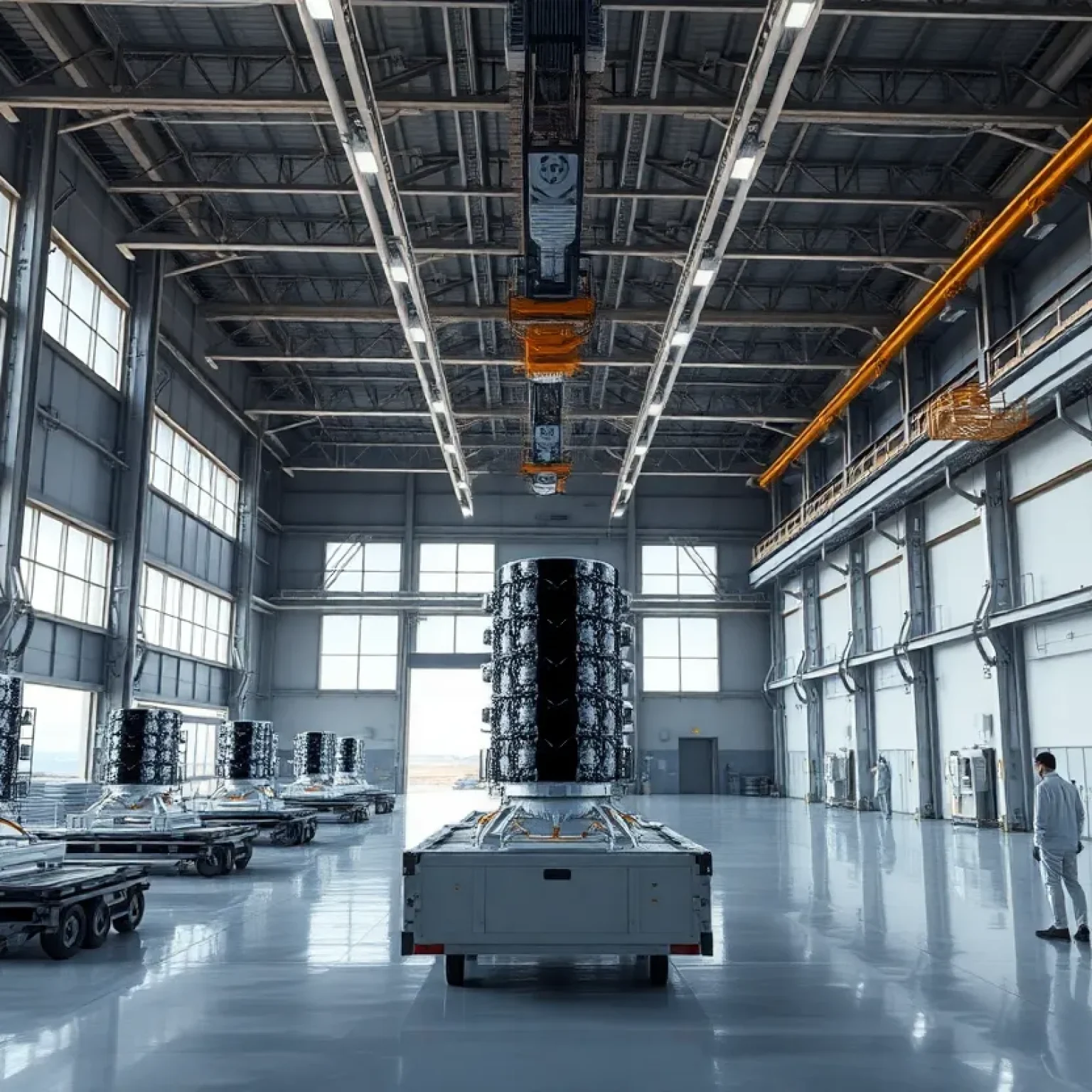 Interior of Palm Bay satellite manufacturing facility with high bays, overhead cranes, and satellite integration platforms