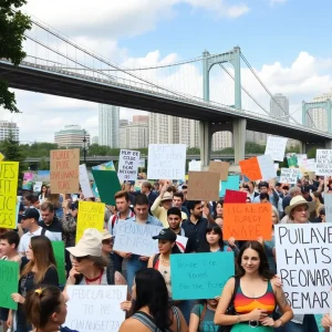 Crowd protesting against natural gas pipeline projects in Brooklyn