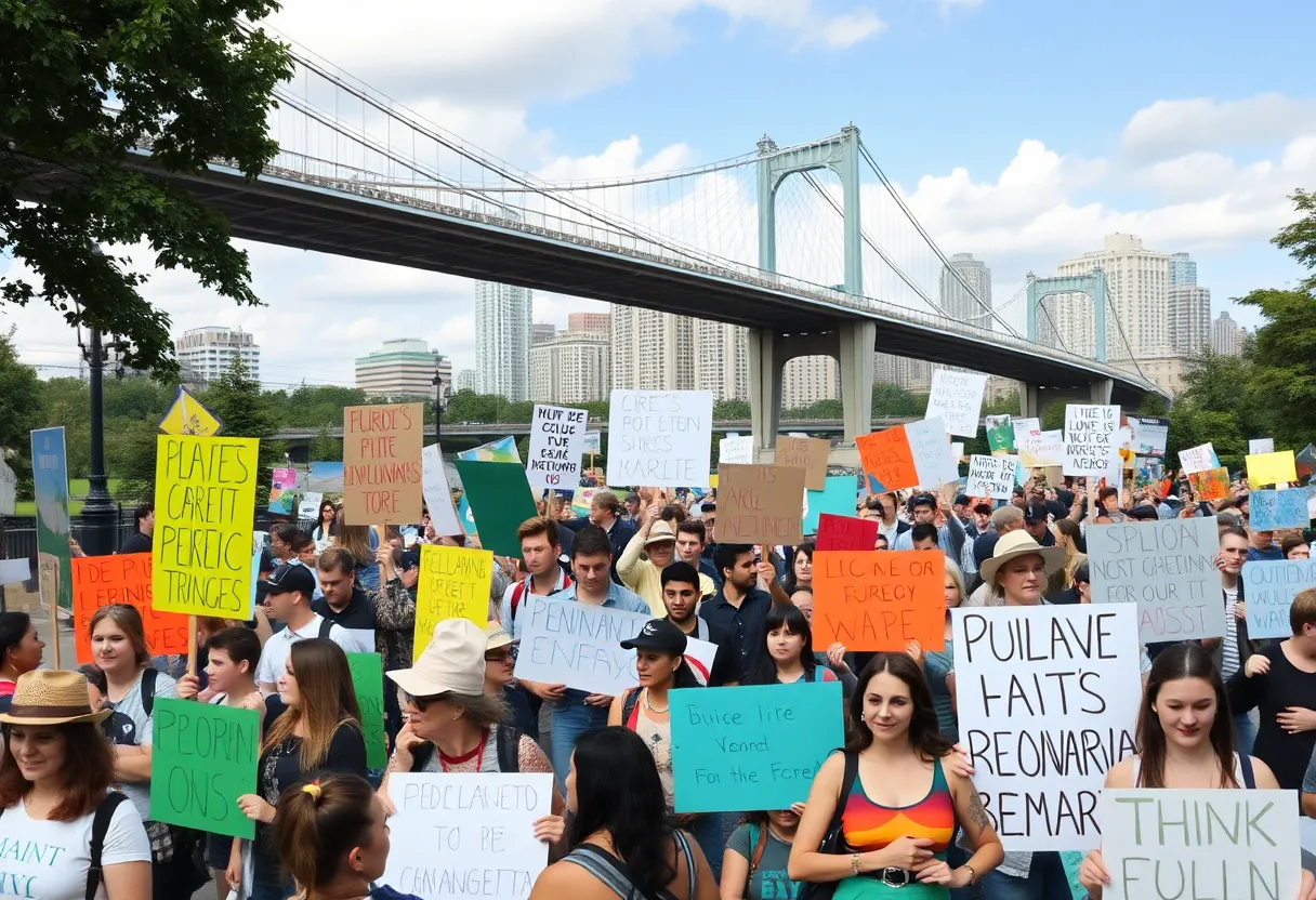 Crowd protesting against natural gas pipeline projects in Brooklyn