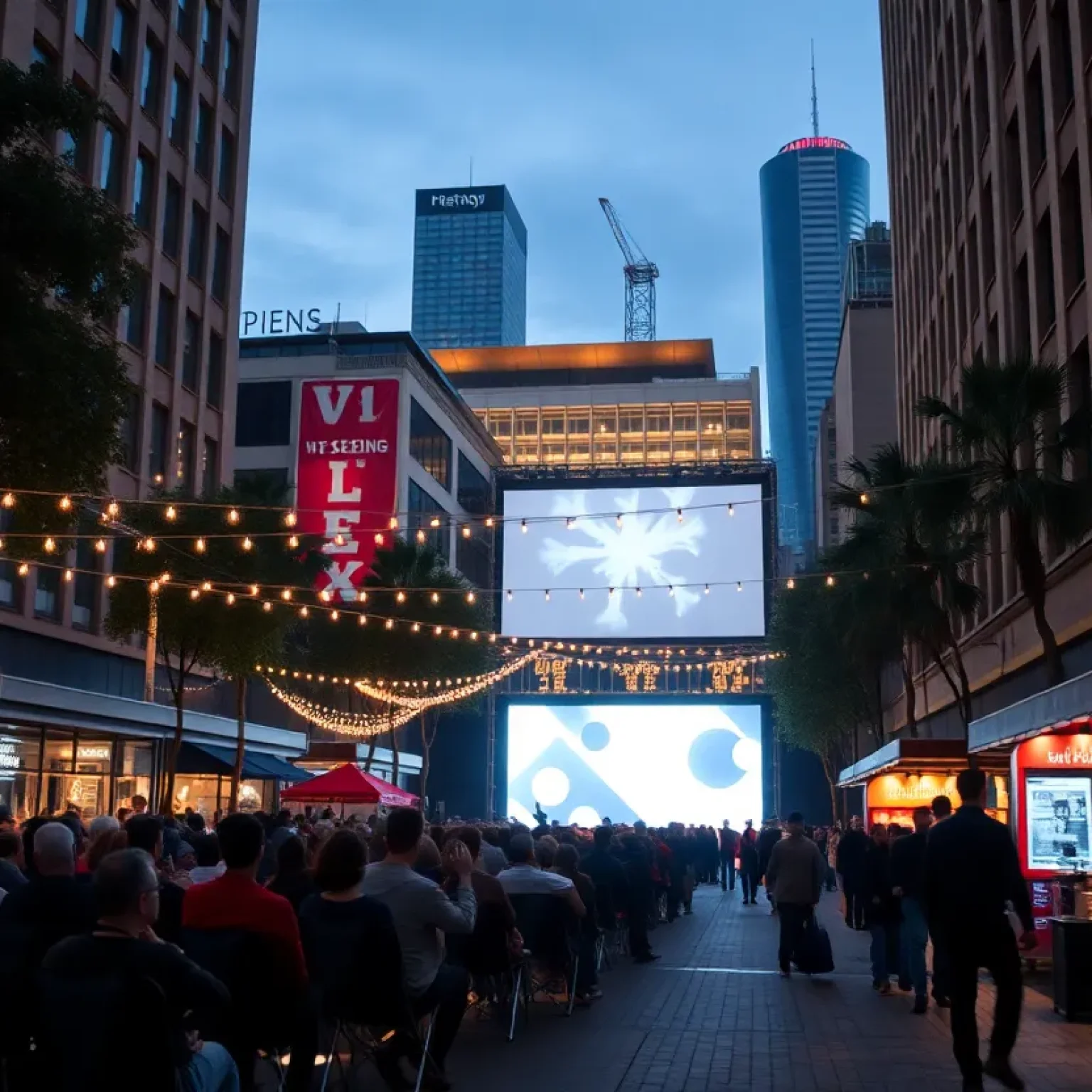 Crowd watching an outdoor screening on a pedestrianized Festival Street with a downtown multiplex and illuminated installations in the background