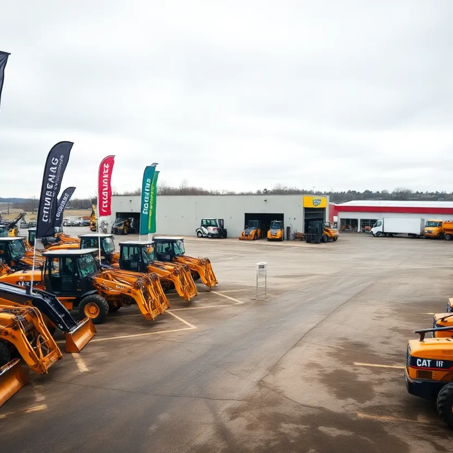 Construction equipment dealer lot with new machines and a reduced row of used units being prepared for rental