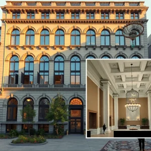 Restored Renaissance Revival exterior and grand foyer with Doric columns at 55 Elm Club, Hartford