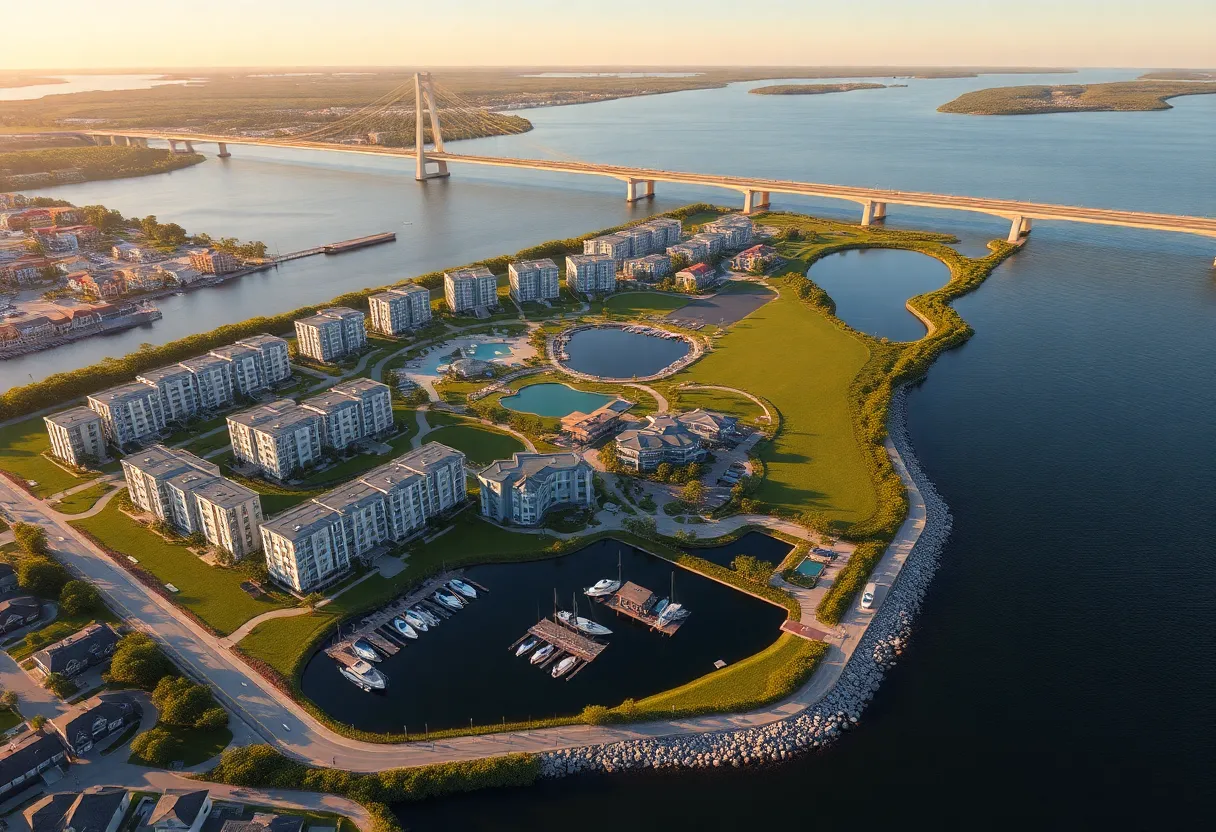 Aerial rendering of Amara Bay waterfront development with marina, apartment buildings, townhomes and boardwalk