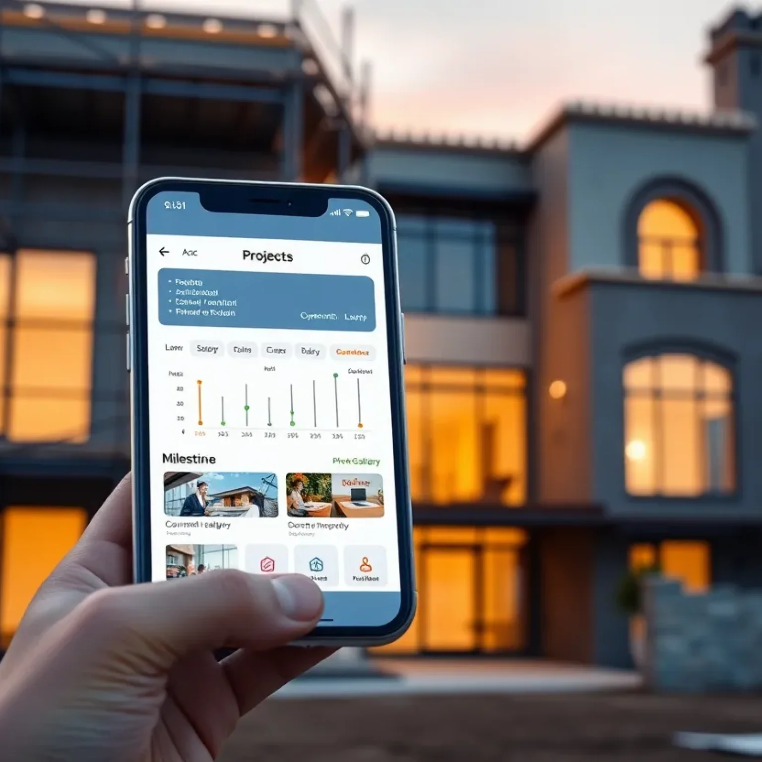 Smartphone displaying a construction project management app with progress timeline, approvals and site photos at a luxury building site